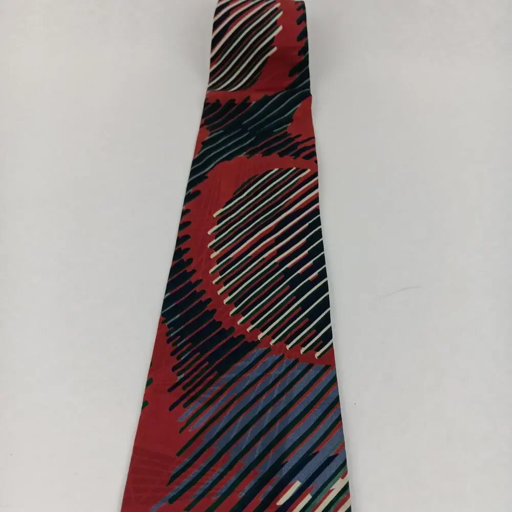 Zylos George Machado Tie Mens Red Black Blue Abstract Striped 100% Silk Necktie